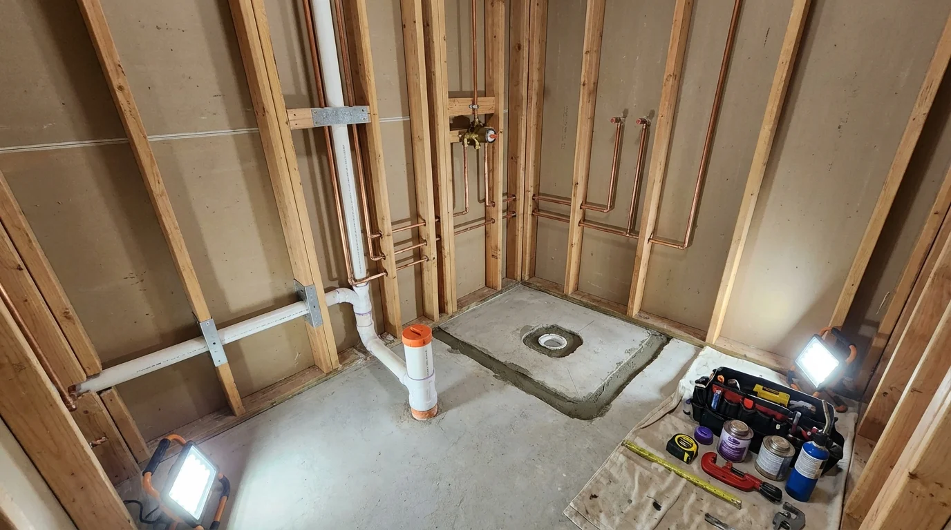 Bathroom rough-in plumbing during remodel by Johns Plumbing LLC in Orion