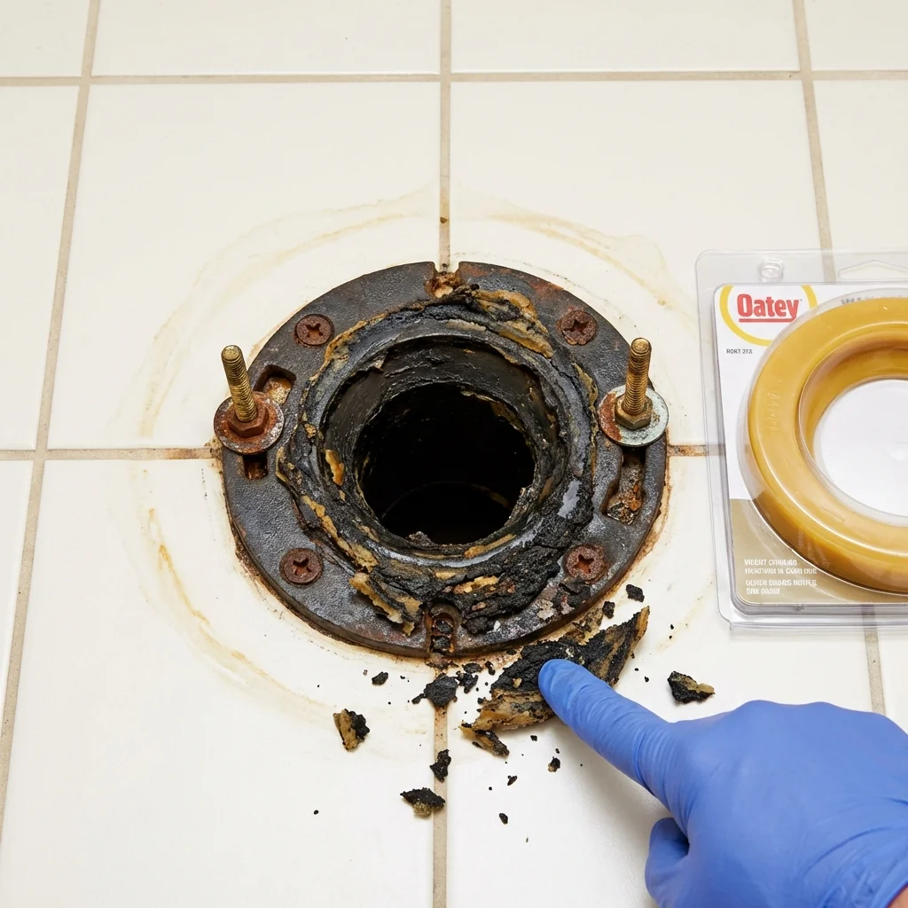 Failed wax ring showing water seepage at the base of a toilet in a Orion, IL home
