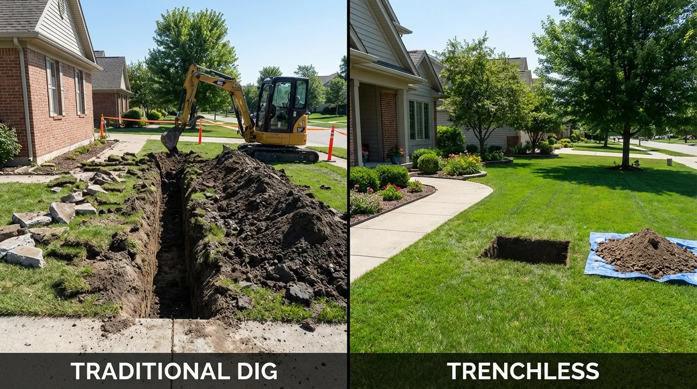 Trenchless sewer repair with minimal yard damage versus traditional excavation in Orion, IL