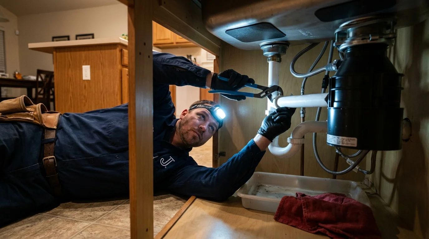 P-trap and supply line connections under a kitchen sink showing a common leak point in Orion, IL